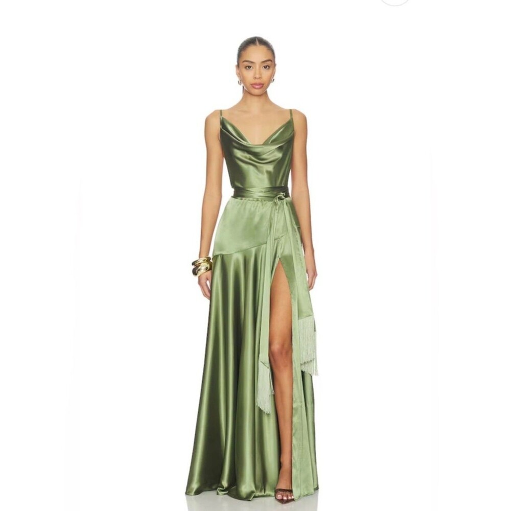 NEW Bronx Banco Leo Sage Maxi Dress,Olive Green Satin Cowl Neck Evening Gown